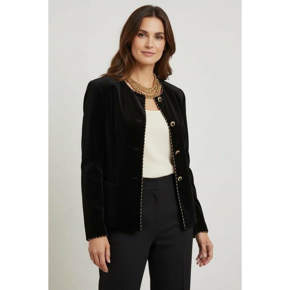 VINTAGE Rena Rowan for Saville Size 14 Black Velvet Blazer Jacket‎ Gold Trim